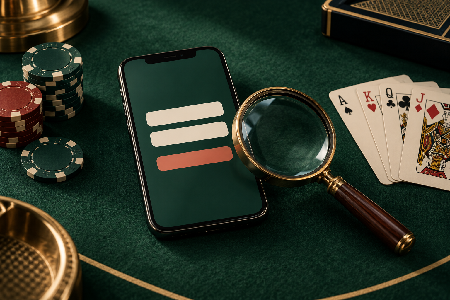 Ilustrasi layar masuk netral, kartu casino, keping, dan kaca pembesar