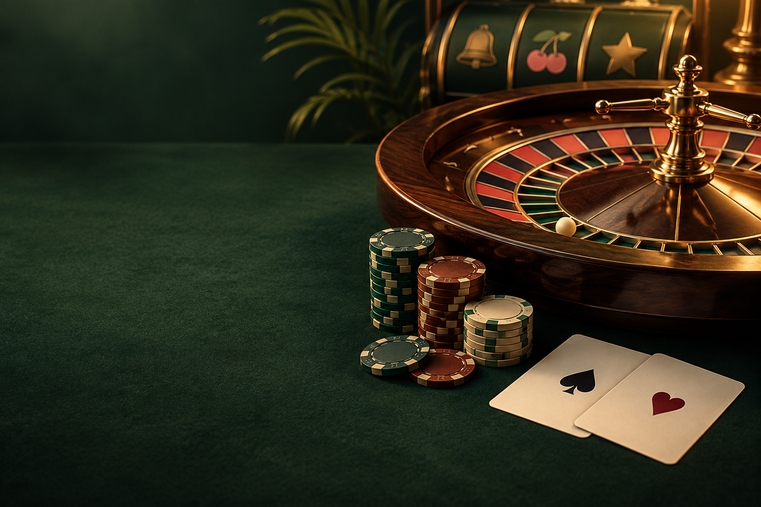 Ilustrasi meja roulette, kartu, dan keping dengan cahaya tembaga