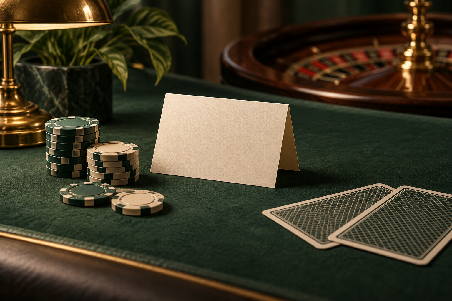 Ilustrasi kartu, keping casino, dan dokumen ketentuan di meja hijau